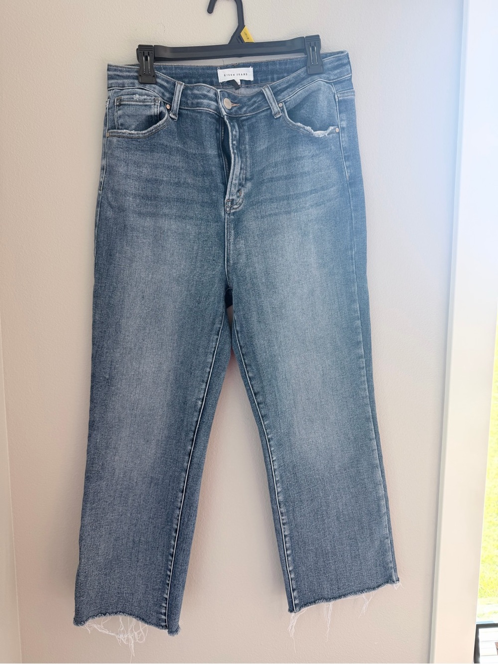 Risen High Rise Straight-Leg Jeans in Light Blue with Raw Hem